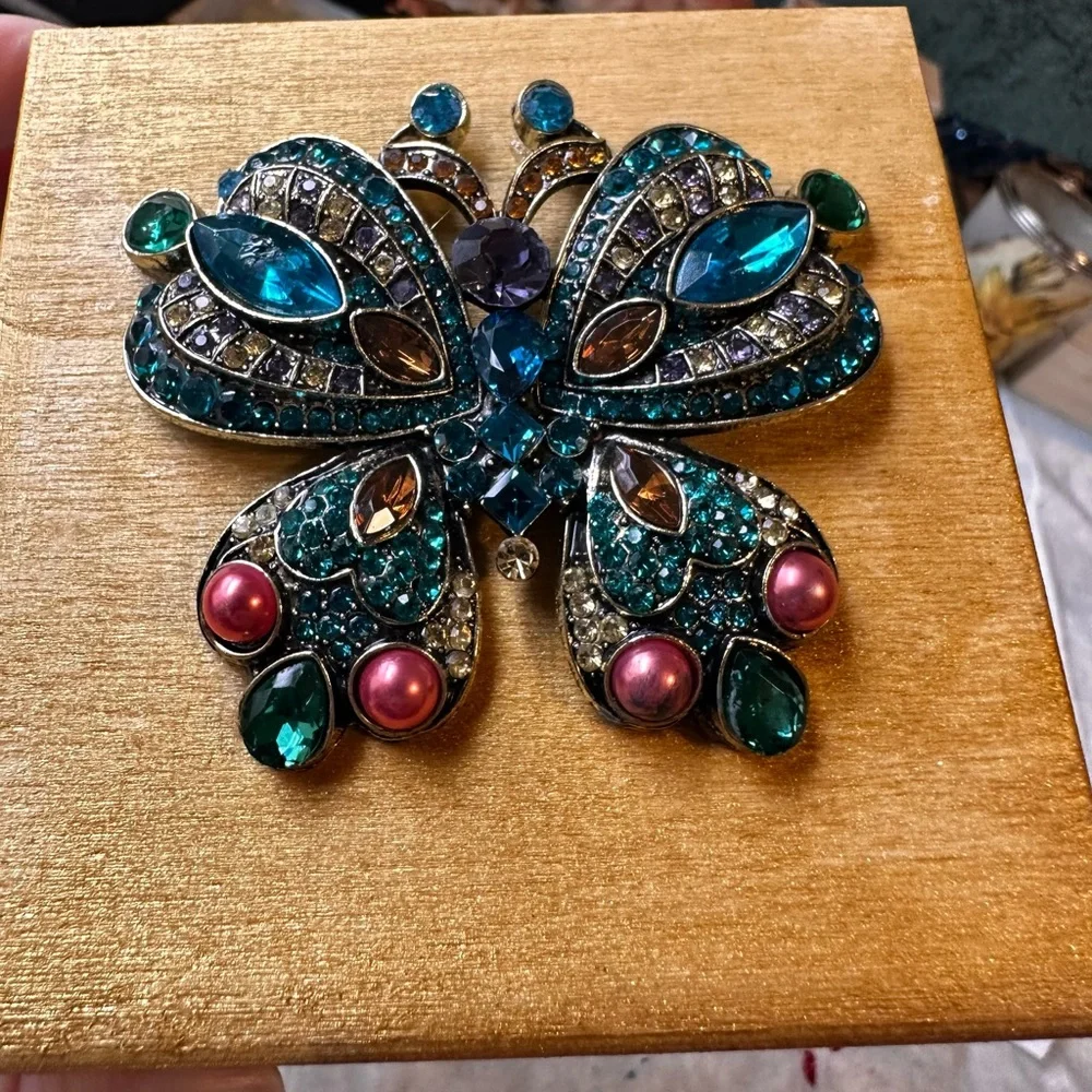 Hand crafted gold wooden trinket box with jeweled butterfly lid